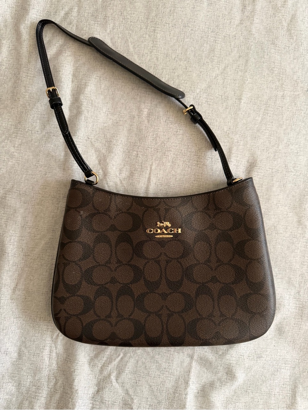 Coach Brown Signature Canvas Shoulder Bag with Black Strap